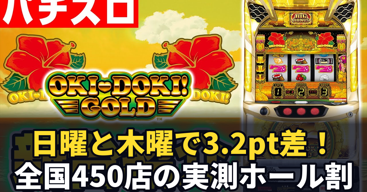 沖ドキ!GOLD‐30のホール割は90.72%。日曜と木曜で3.2ポイント違いました