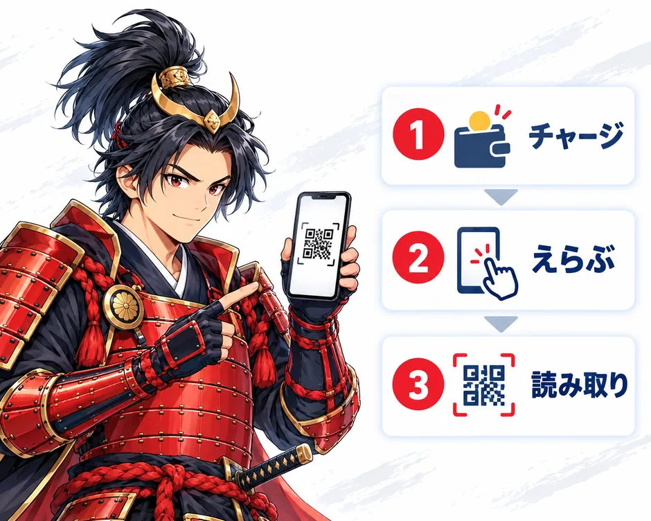 侍がスマホのQRコードを見せていて、横にチャージ・選ぶ・読み取りの3つの手順が並ぶ絵