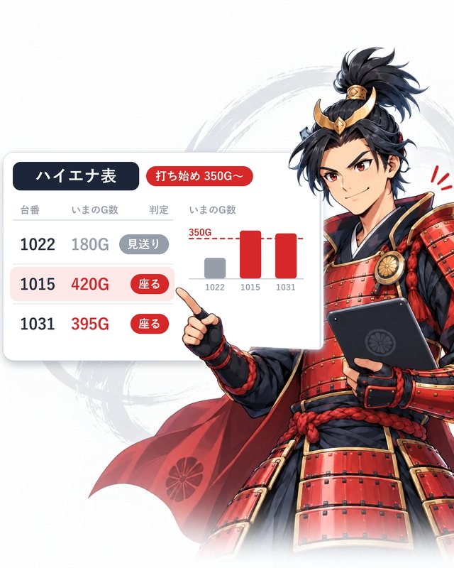 ハイエナ表を見ながら台を指さすホルログの侍（イラスト）